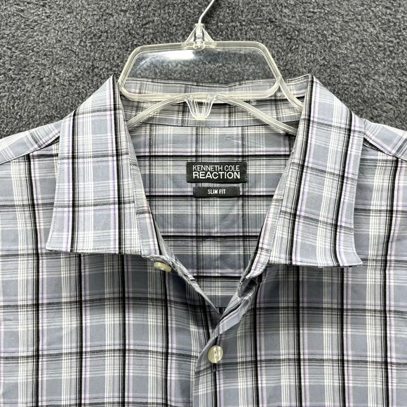 Kenneth Cole Reaction Shirt 17.5 34 35 Gray Plaid Button Up Slim Fit Long Sleeve - Picture 2 of 16